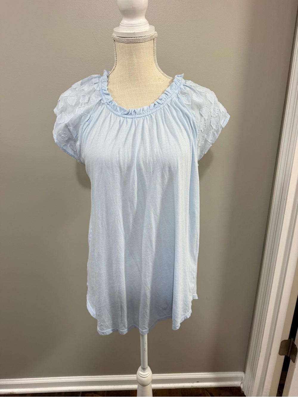 LOFT Light Blue Ruffle Neck Short Sleeve Top